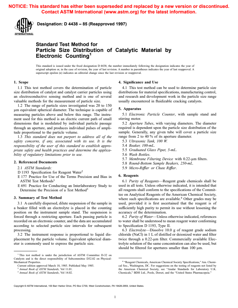 ASTM D4438-85(1997) - Standard Test Method for Particle Size Distribution of Catalytic Material by Electronic Counting