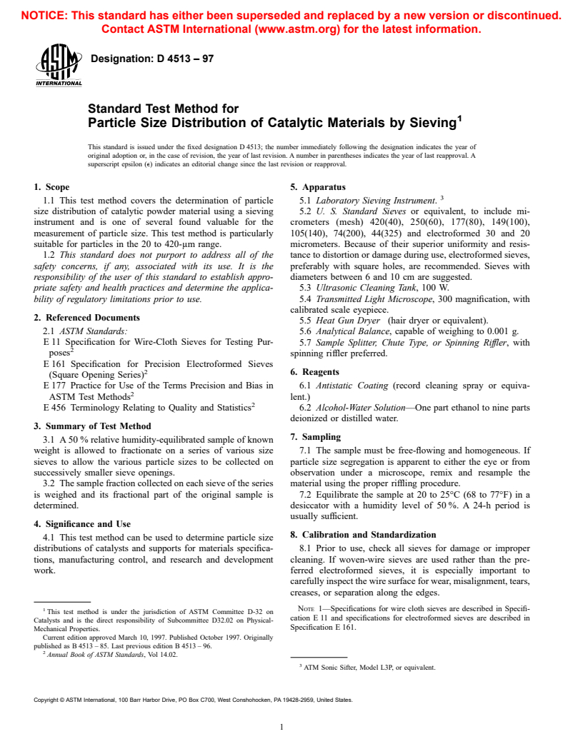 ASTM D4513-97 - Standard Test Method for Particle Size Distribution of Catalytic Materials by Sieving