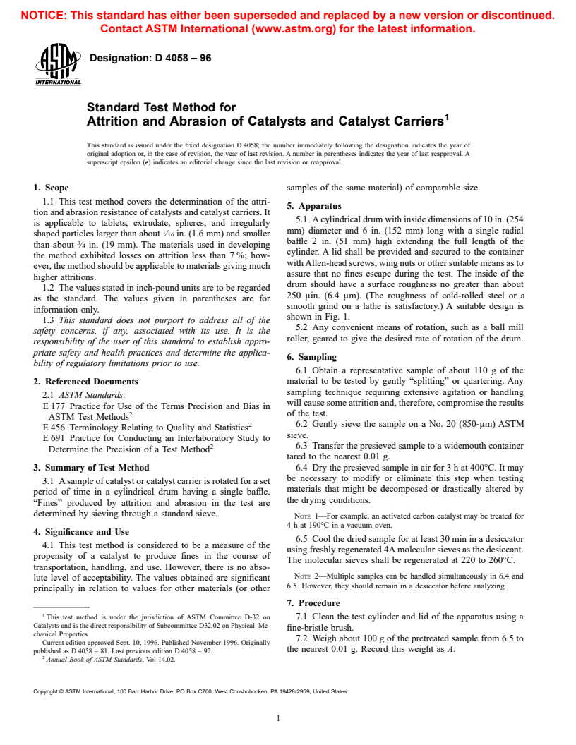 ASTM D4058-96 - Standard Test Method for Attrition and Abrasion of Catalysts and Catalyst Carriers