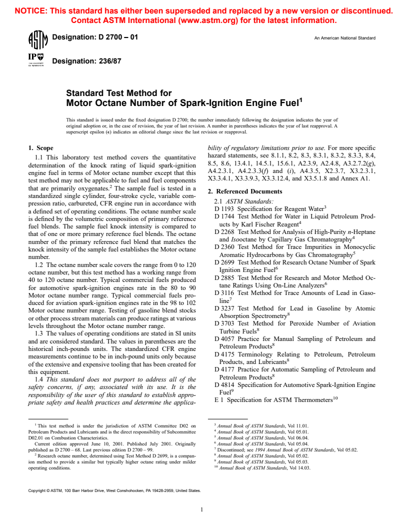 ASTM D2700-01 - Standard Test Method for Motor Octane Number of Spark-Ignition Engine Fuel