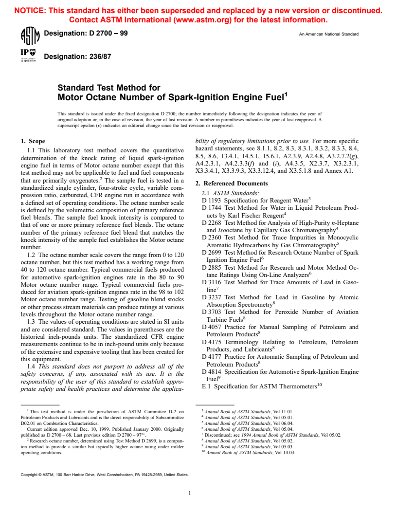 ASTM D2700-99 - Standard Test Method for Motor Octane Number of Spark-Ignition Engine Fuel