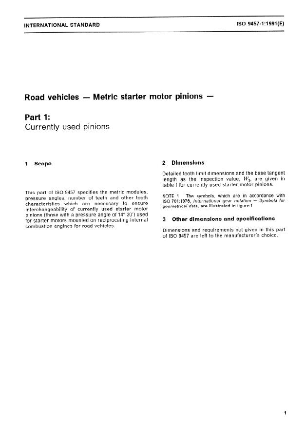 ISO 9457-1:1991 - Road vehicles -- Metric starter motor pinions