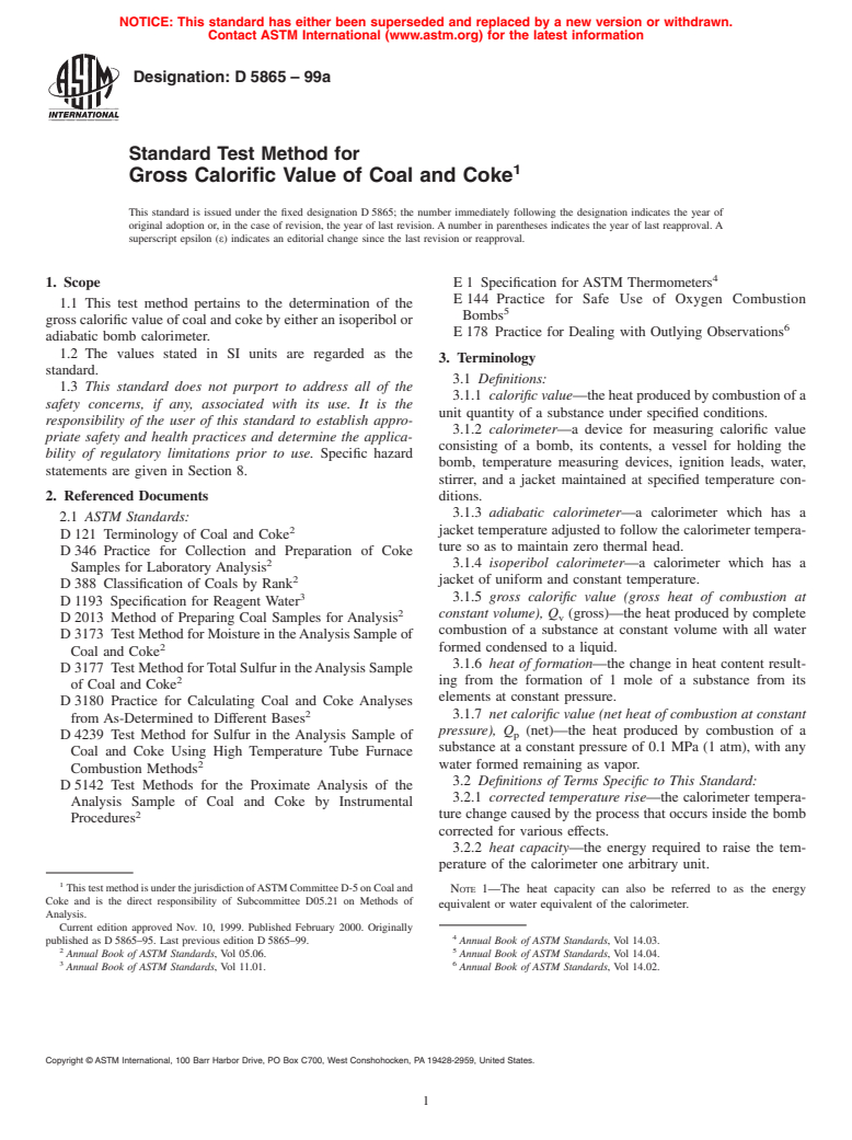 ASTM D5865-99a - Standard Test Method for Gross Calorific Value of Coal and Coke