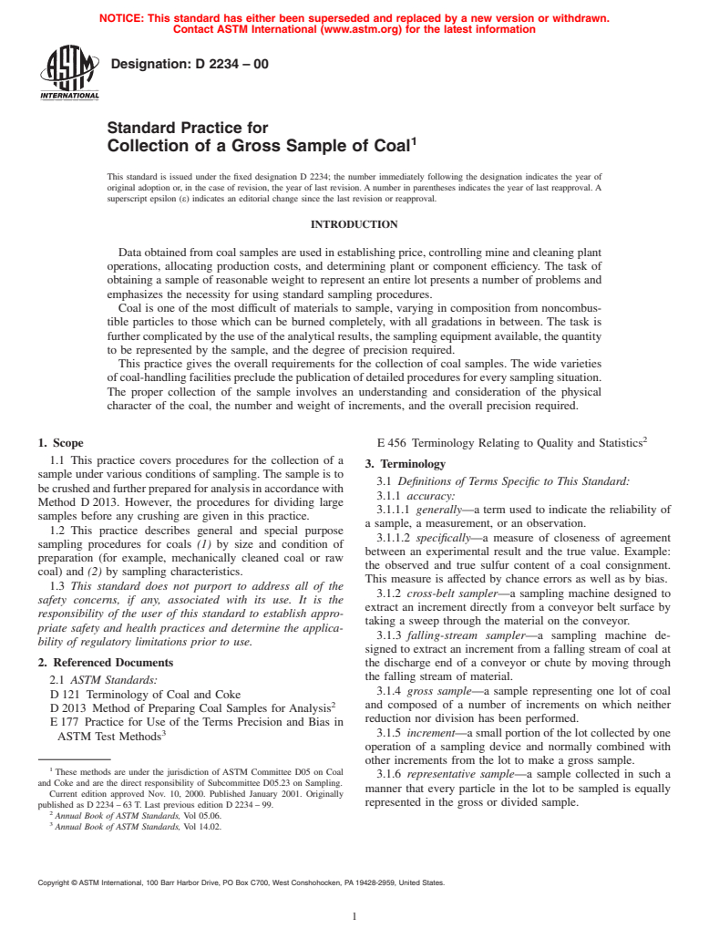 ASTM D2234-00 - Standard Practice for Collection of a Gross Sample of Coal