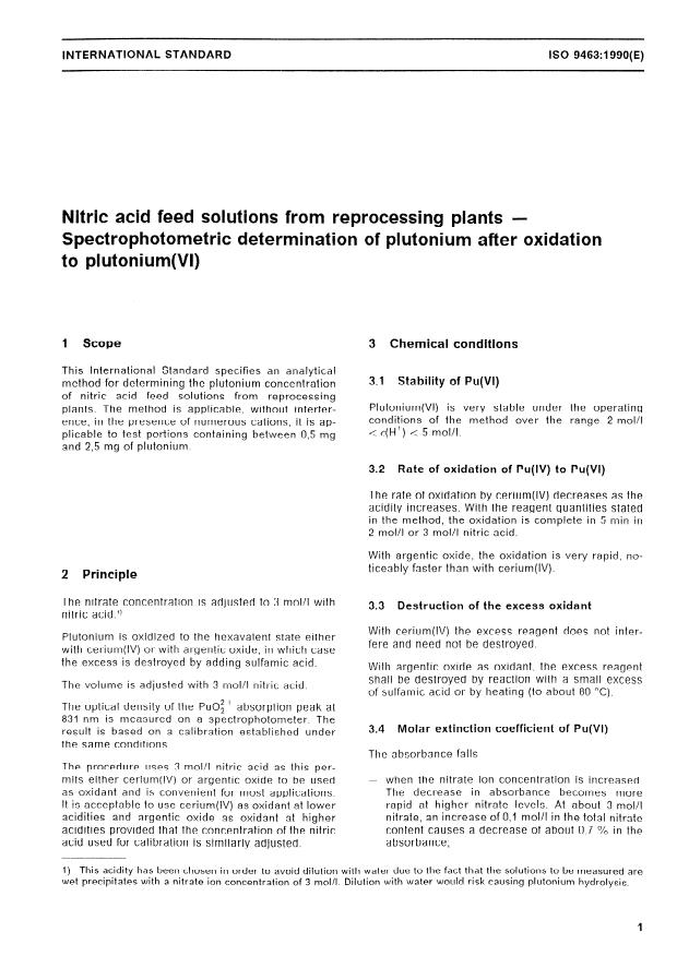 ISO 9463:1990 - Nitric acid feed solutions from reprocessing plants -- Spectrophotometric determination of plutonium after oxidation to plutonium(VI)