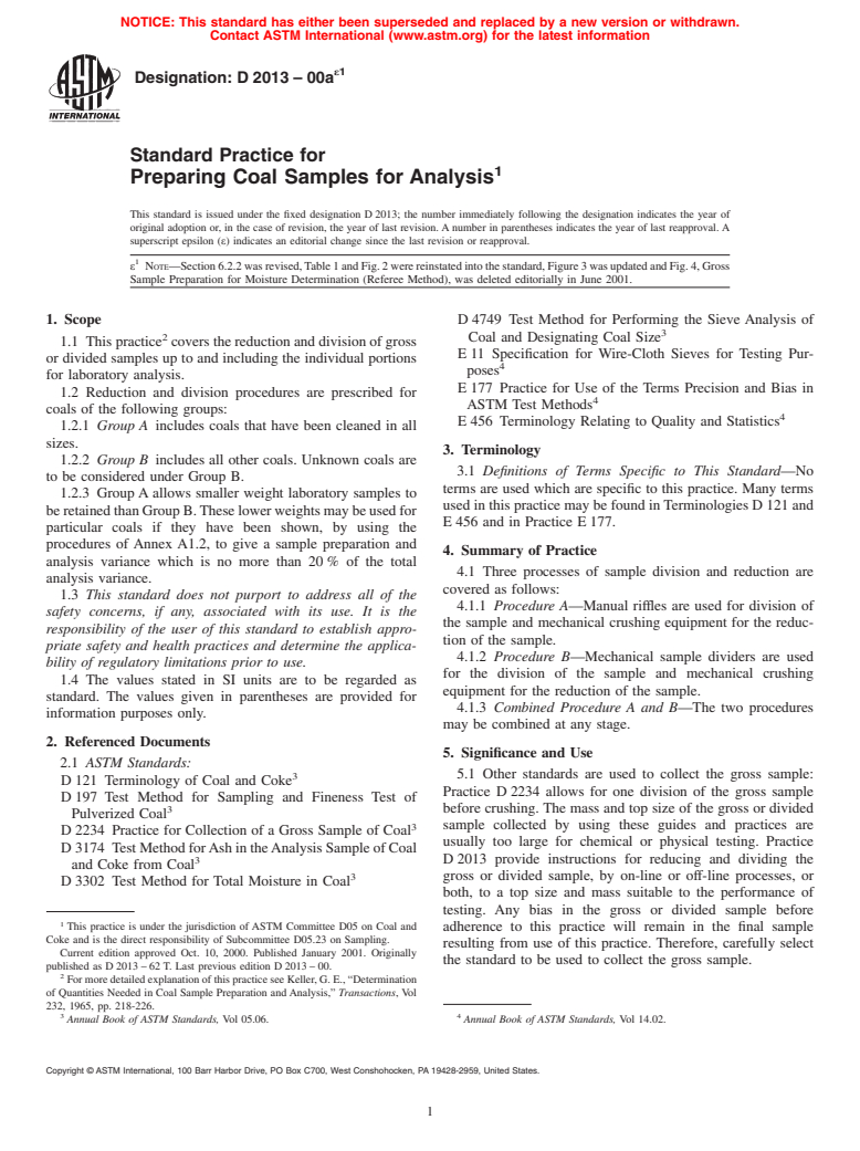 ASTM D2013-00ae1 - Standard Practice of Preparing Coal Samples for Analysis