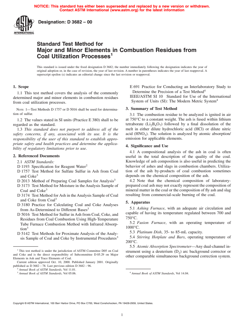 ASTM D3682-00 - Standard Test Method for Major and Minor Elements in Combustion Residues from Coal Utilization Processes