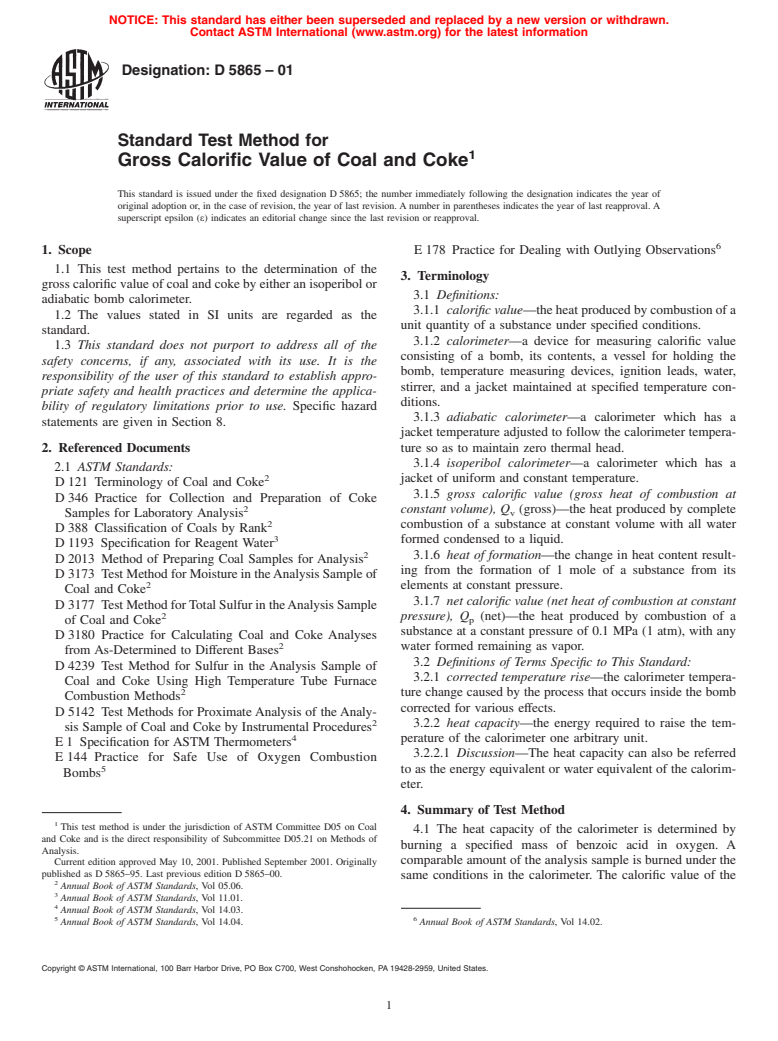 ASTM D5865-01 - Standard Test Method for Gross Calorific Value of Coal and Coke