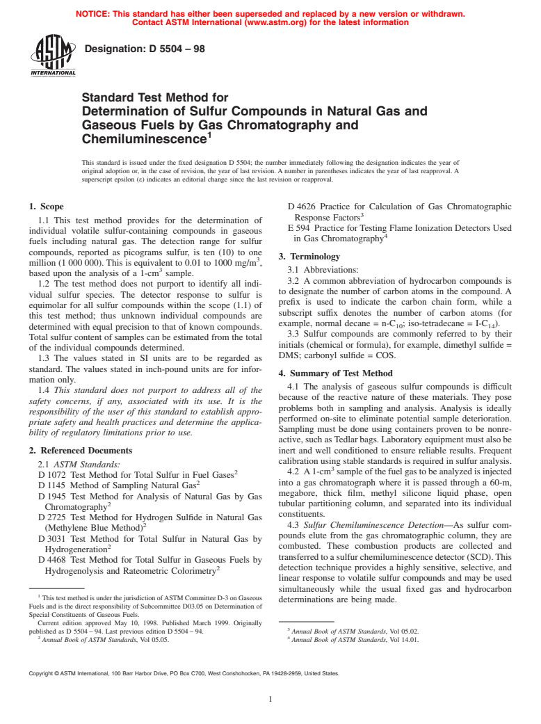 ASTM D5504-98 - Standard Test Method for Determination of Sulfur Compounds in Natural Gas and Gaseous Fuels by Gas Chromatography and Chemiluminescence