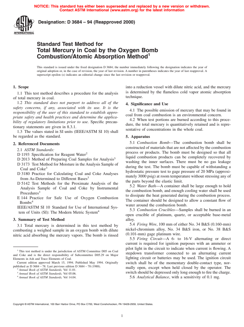 ASTM D3684-94(2000) - Standard Test Method for Total Mercury in Coal by the Oxygen Bomb Combustion/Atomic Absorption Method