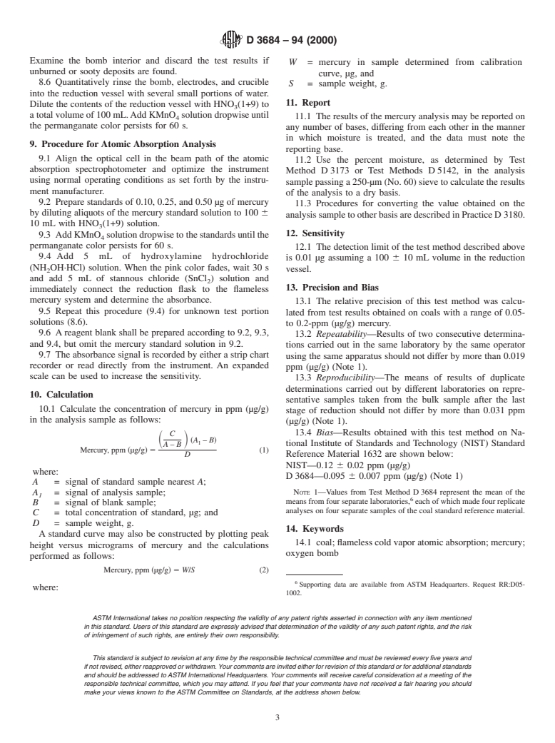 ASTM D3684-94(2000) - Standard Test Method for Total Mercury in Coal by the Oxygen Bomb Combustion/Atomic Absorption Method