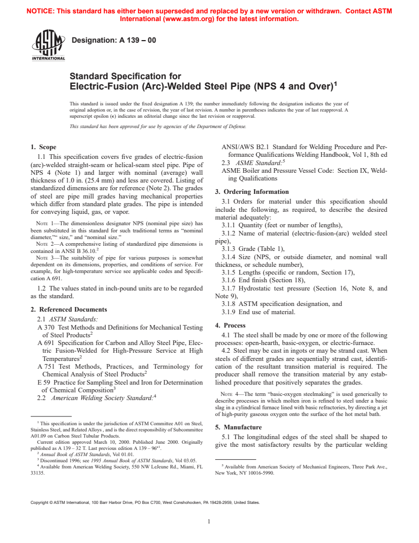 ASTM A139-00 - Standard Specification for Electric-Fusion (Arc)-Welded Steel Pipe (NPS 4 and Over)