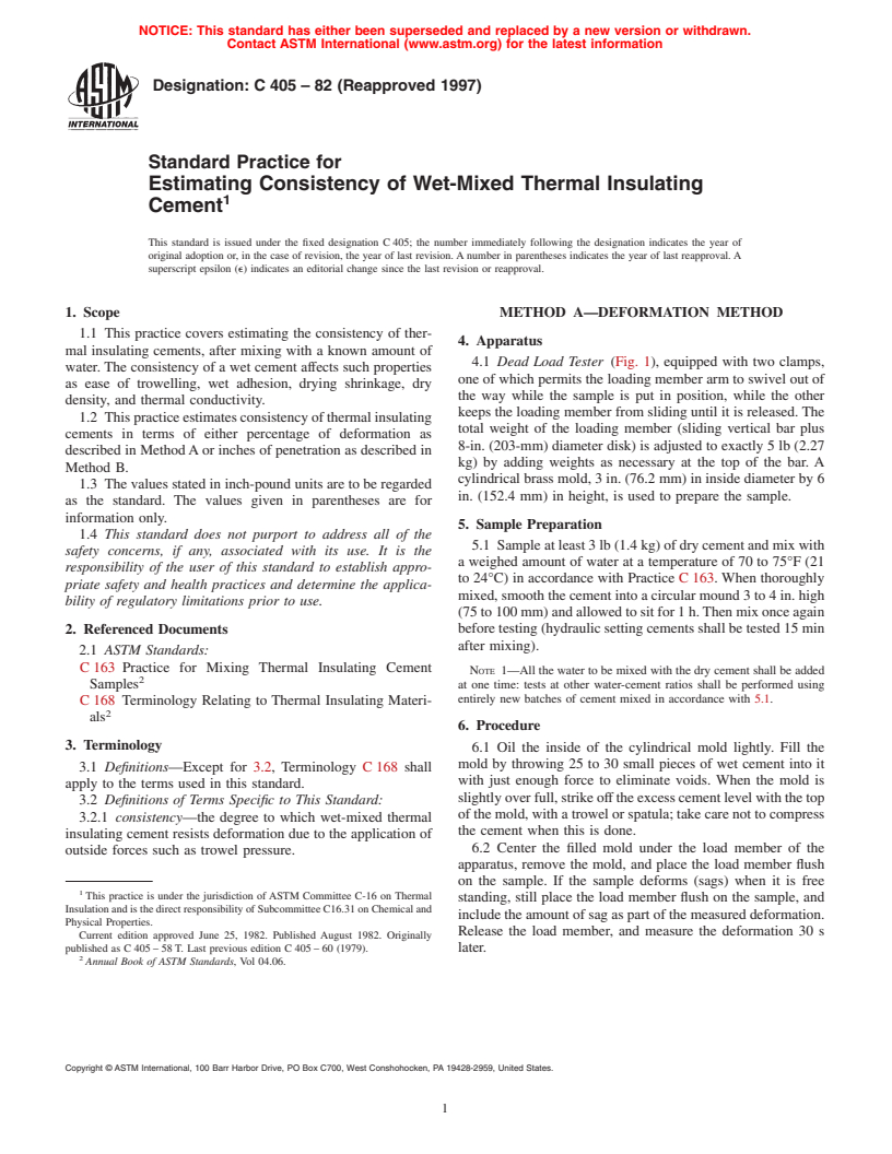 ASTM C405-82(1997) - Standard Practice for Estimating Consistency of Wet-Mixed Thermal Insulating Cement (Withdrawn 2006)