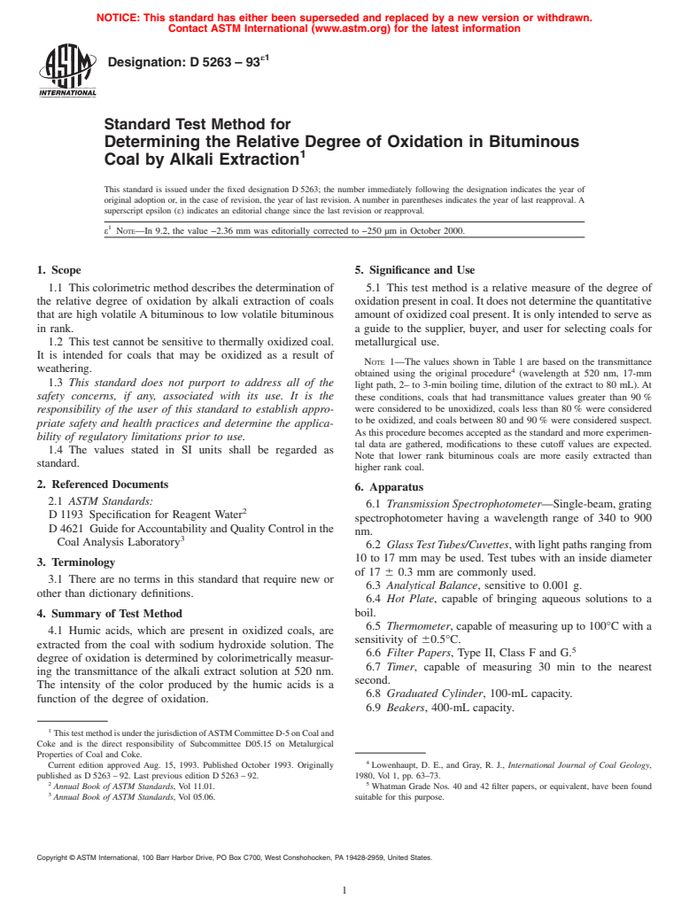 ASTM D5263-93e1 - Standard Test Method for Determining the Relative Degree of Oxidation in Bituminous Coal by Alkali Extraction