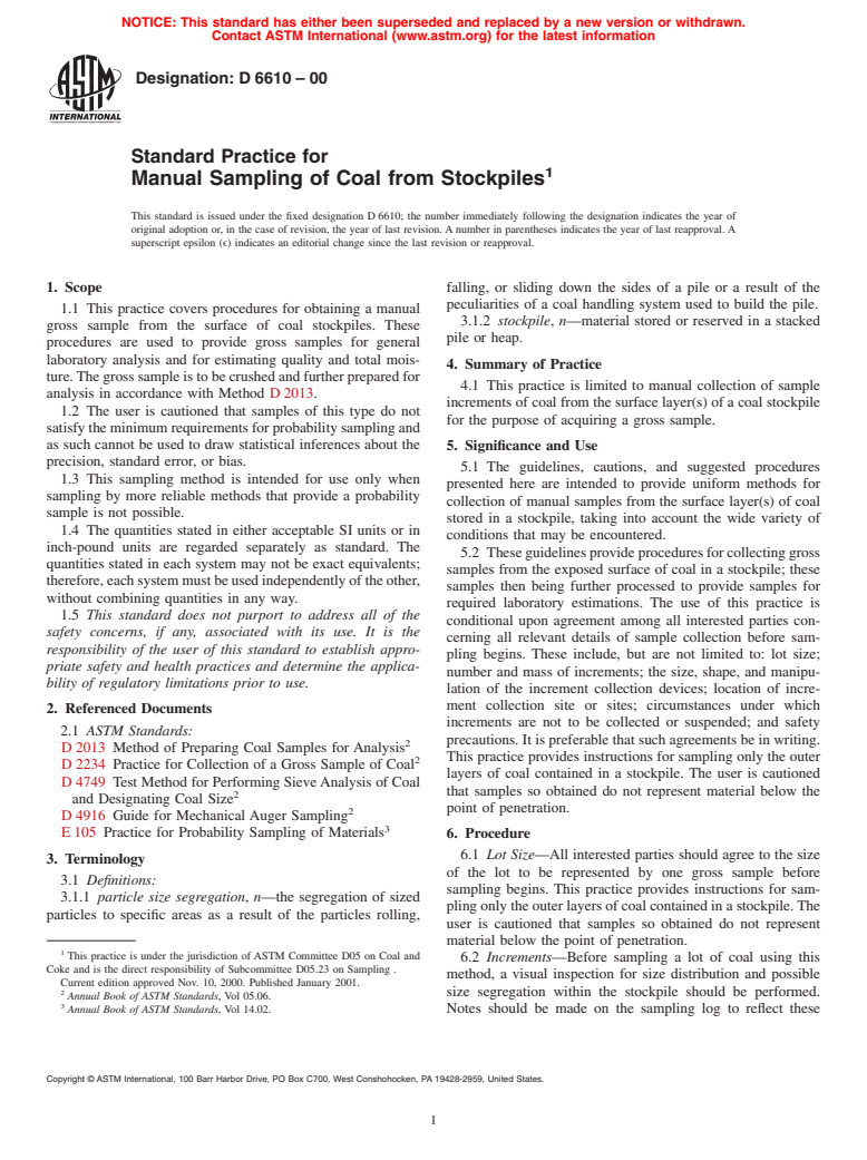 ASTM D6610-00 - Standard Practice for Manual Sampling Coal from Surfaces of a Stockpile