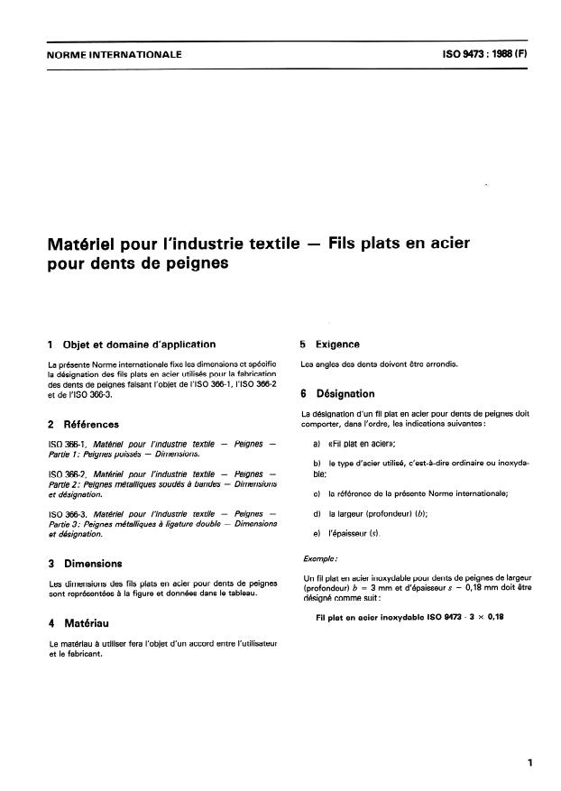ISO 9473:1988 - Matériel pour l'industrie textile -- Fils plats en acier pour dents de peignes