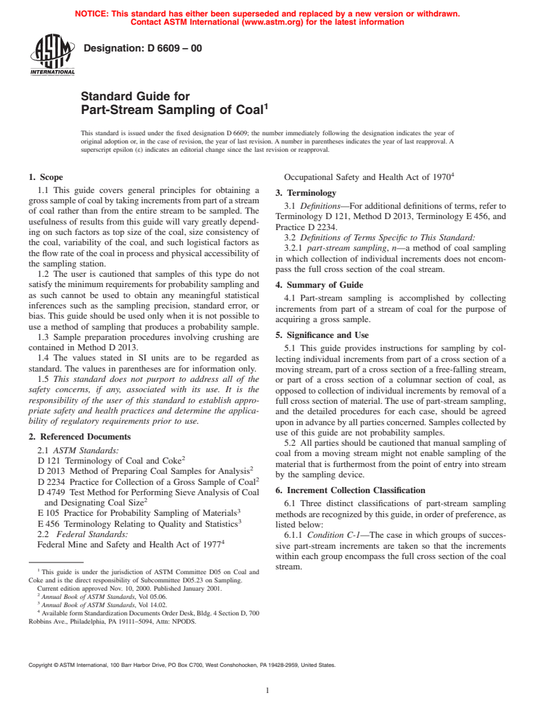 ASTM D6609-00 - Standard Guide for Part-Stream Sampling of Coal