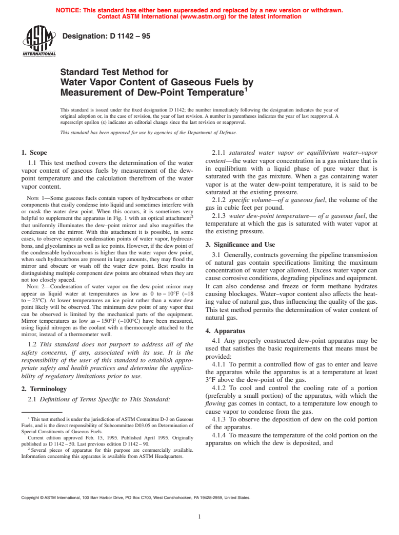 ASTM D1142-95 - Standard Test Method for Water Vapor Content of Gaseous Fuels by Measurement of Dew-Point Temperature