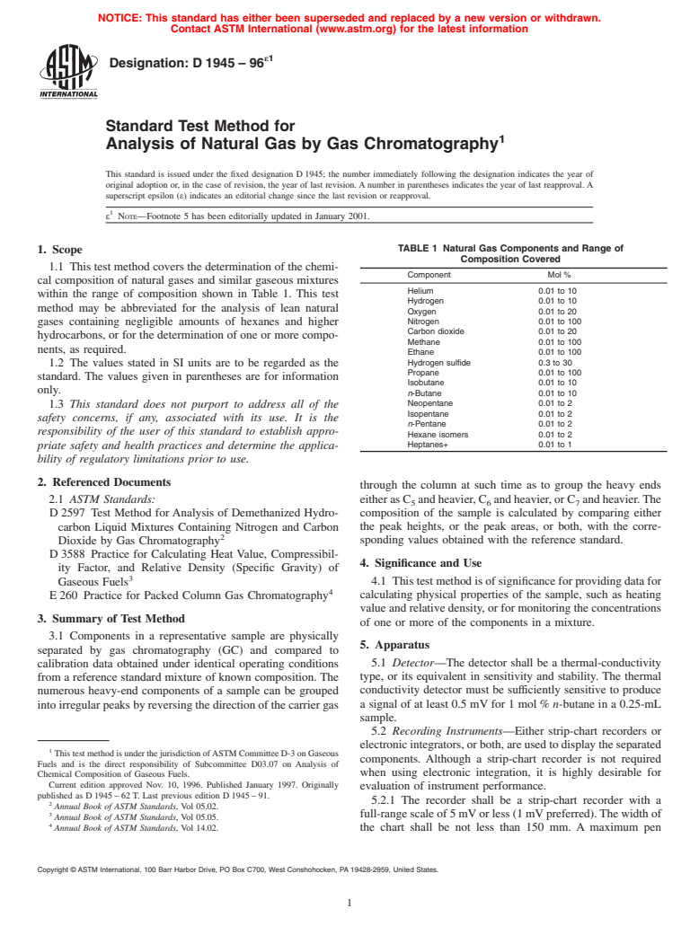 ASTM D1945-96e1 - Standard Test Method for Analysis of Natural Gas by Gas Chromatography