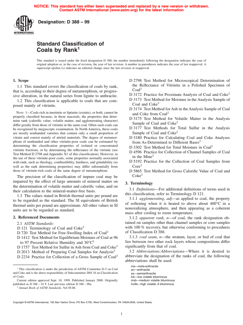 ASTM D388-99 - Standard Classification of Coals by Rank