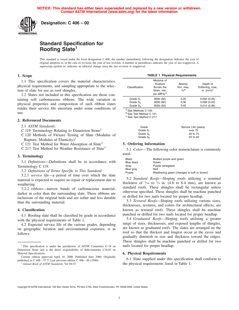 ASTM C406-00 - Standard Specification for Roofing Slate