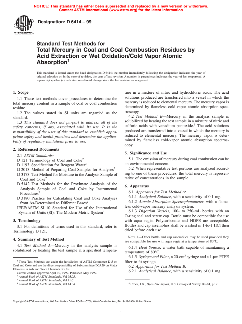 ASTM D6414-99 - Standard Test Method for Total Mercury in Coal and Coal Combustion Residues by Acid Extraction or Wet Oxidation/Cold Vapor Atomic Absorption