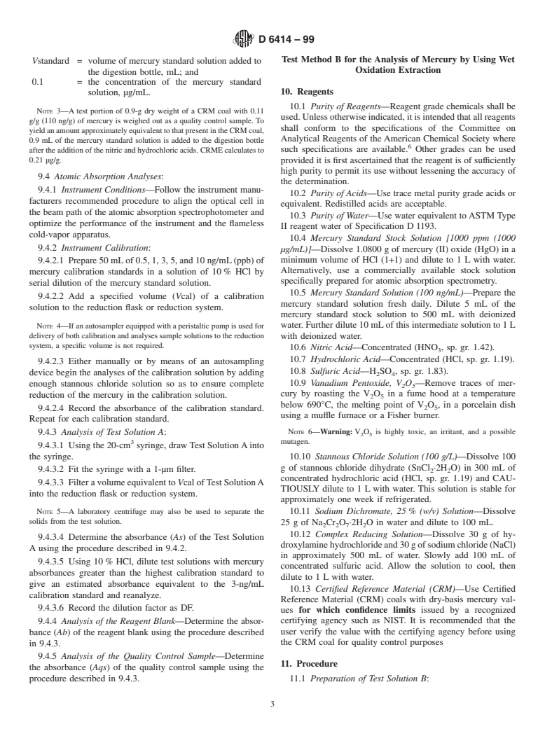 ASTM D6414-99 - Standard Test Method for Total Mercury in Coal and Coal Combustion Residues by Acid Extraction or Wet Oxidation/Cold Vapor Atomic Absorption