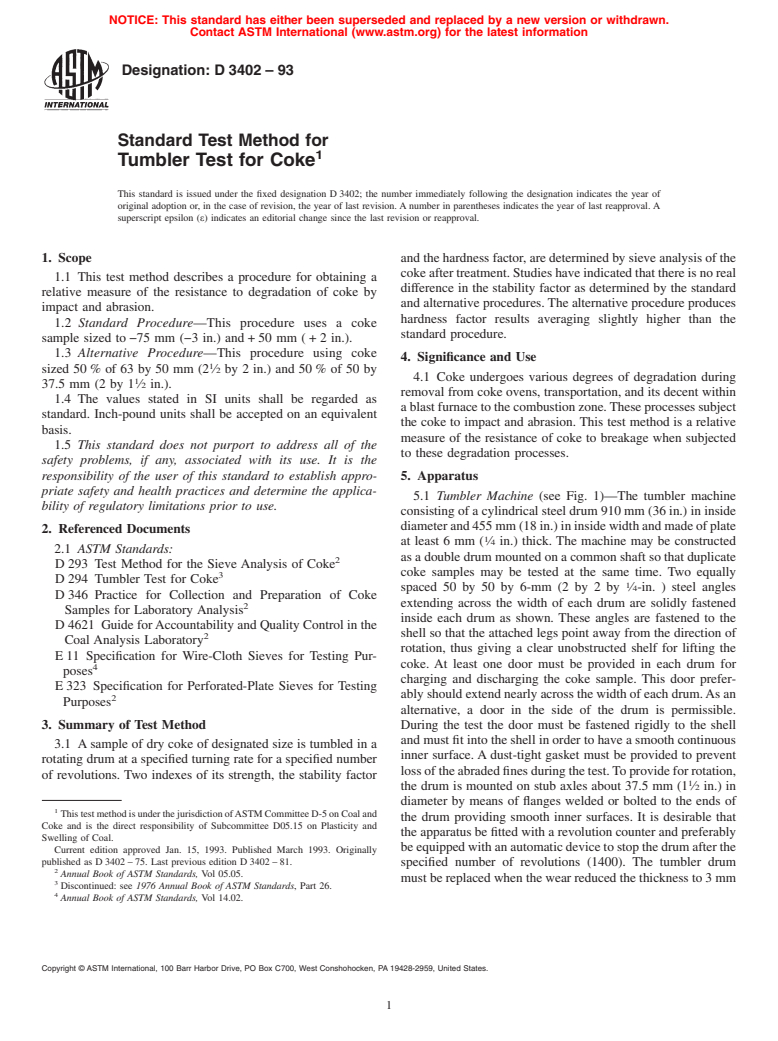 ASTM D3402-93 - Standard Test Method for Tumbler Test for Coke