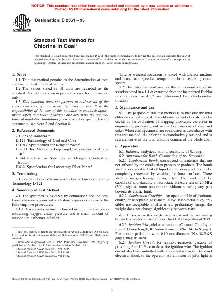 ASTM D2361-95 - Standard Test Method for Chlorine in Coal