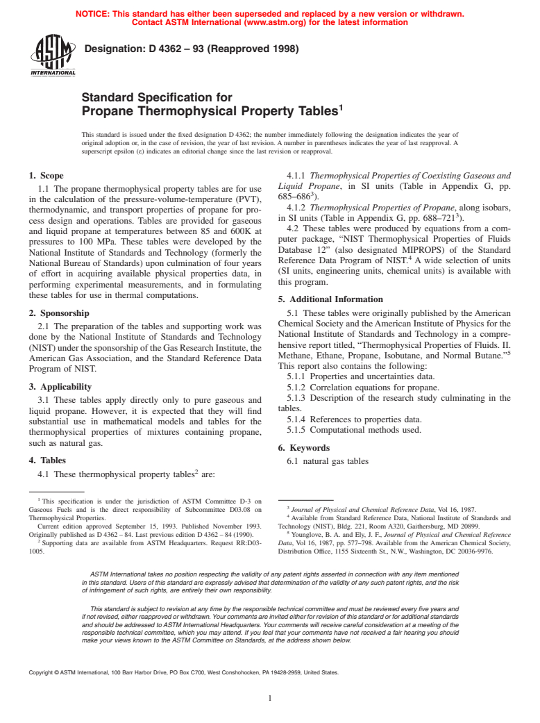 ASTM D4362-93(1998) - Standard Specification for Propane Thermophysical Property Tables