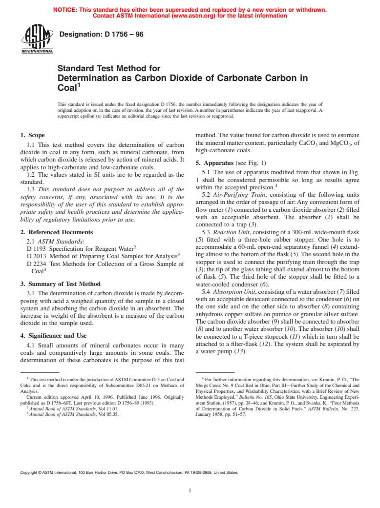 ASTM D1756-96 - Standard Test Method for Determination as Carbon Dioxide of Carbonate Carbon in Coal