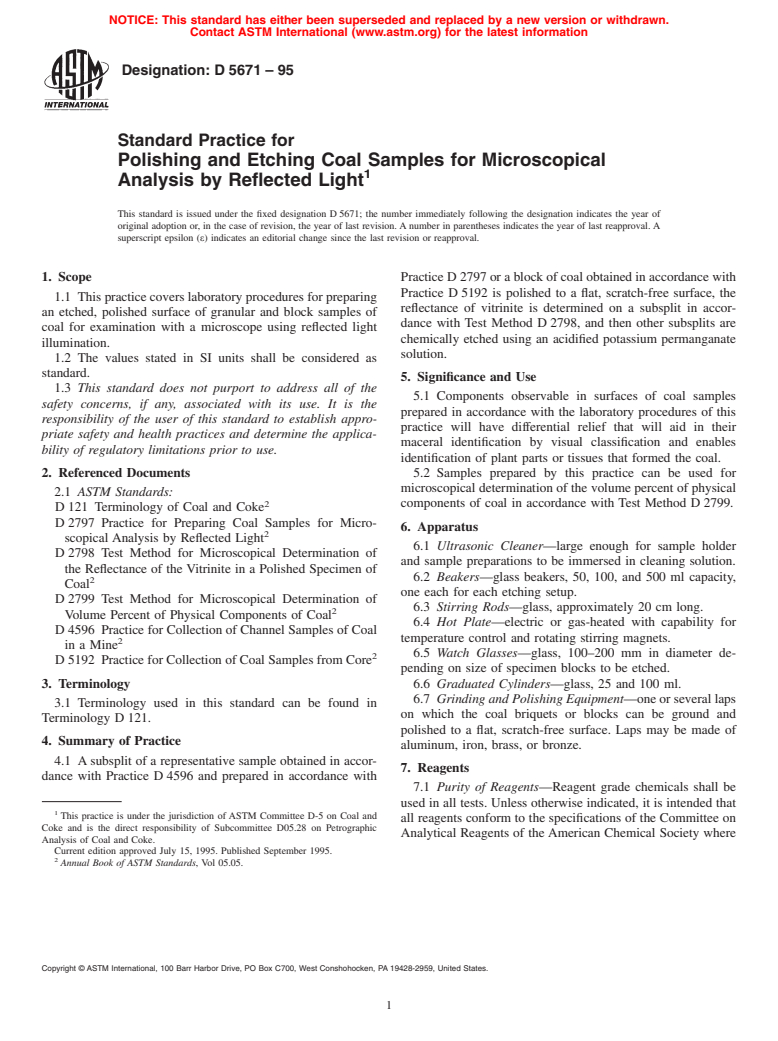 ASTM D5671-95 - Standard Practice for Polishing and Etching Coal Samples for Microscopical Analysis by Reflected Light