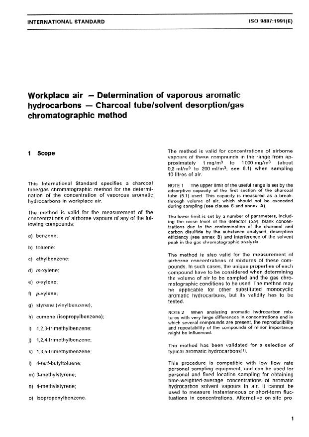 ISO 9487:1991 - Workplace air -- Determination of vaporous aromatic hydrocarbons -- Charcoal tube/solvent desorption/gas chromatographic method