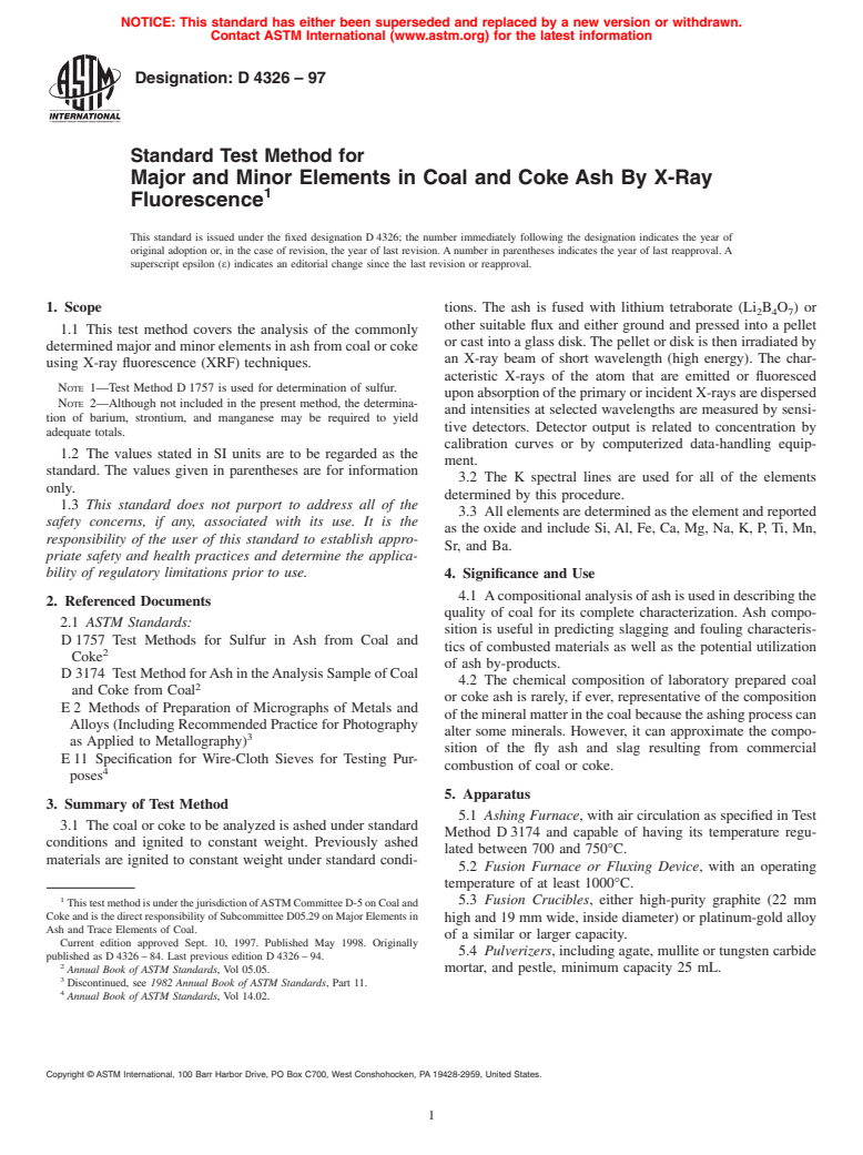 ASTM D4326-97 - Standard Test Method for Major and Minor Elements in Coal and Coke Ash By X-Ray Fluorescence