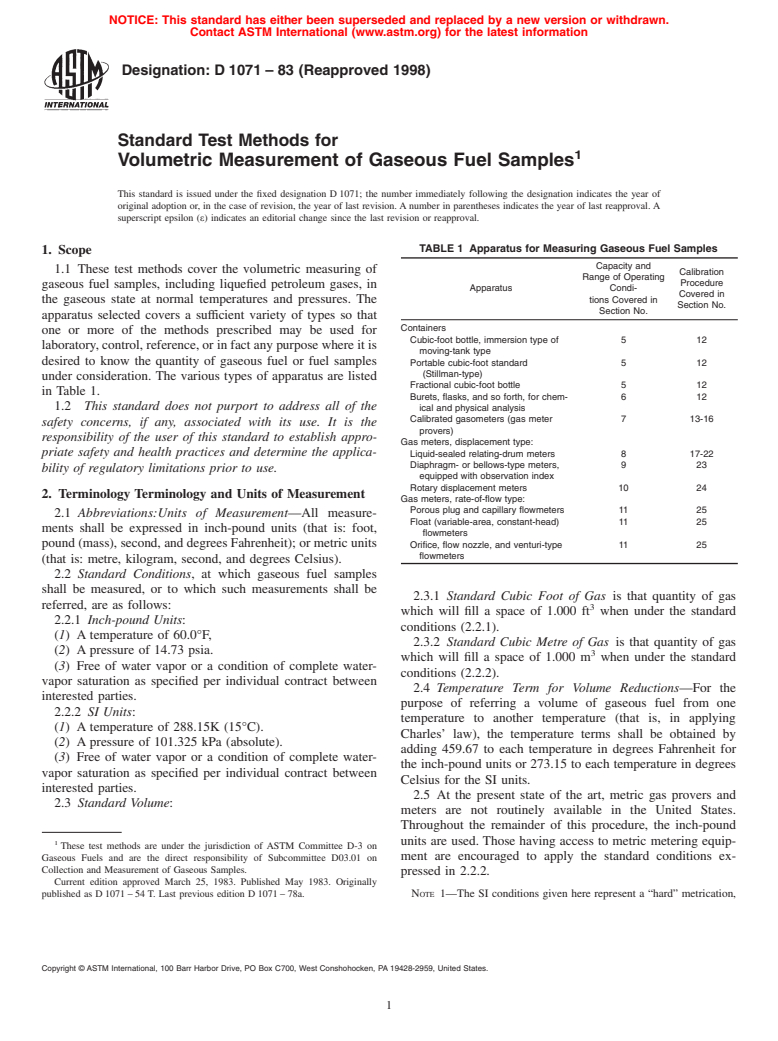 ASTM D1071-83(1998) - Standard Test Methods for Volumetric Measurement of Gaseous Fuel Samples