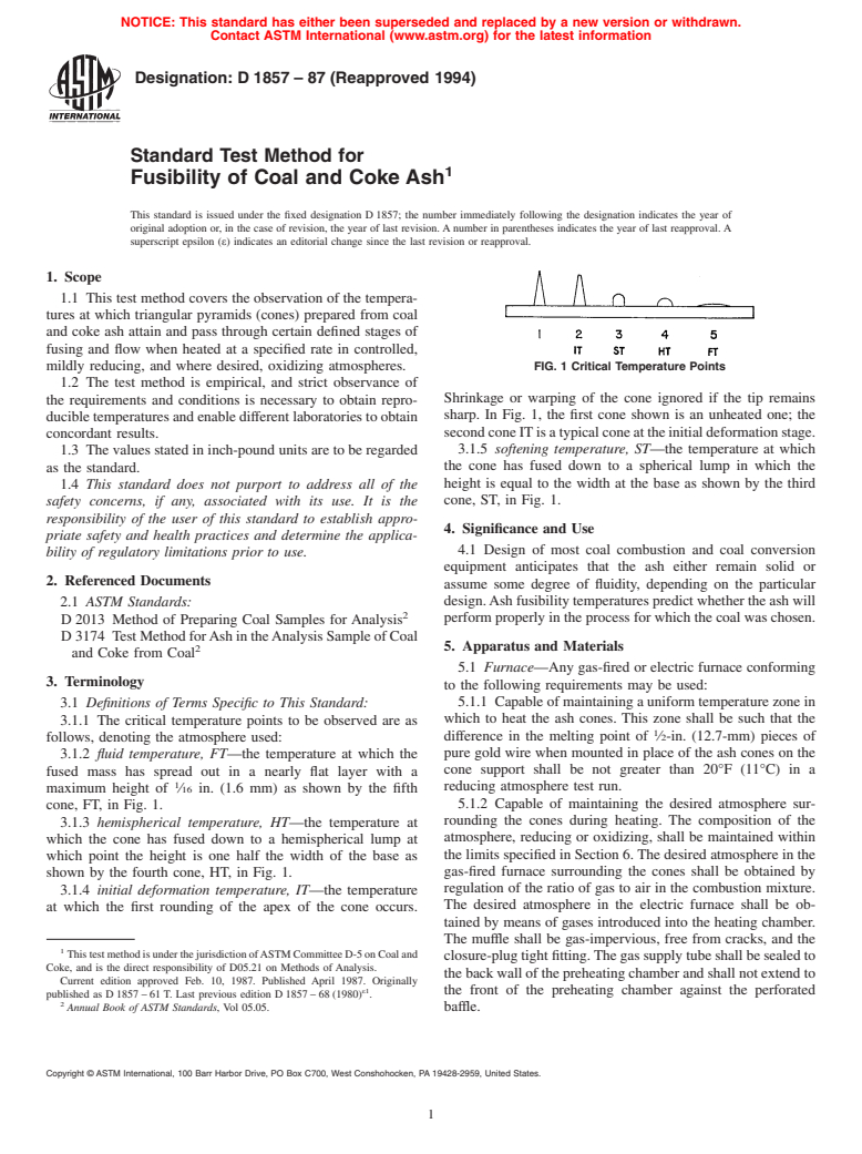 ASTM D1857-87(1994) - Standard Test Method for Fusibility of Coal and Coke Ash