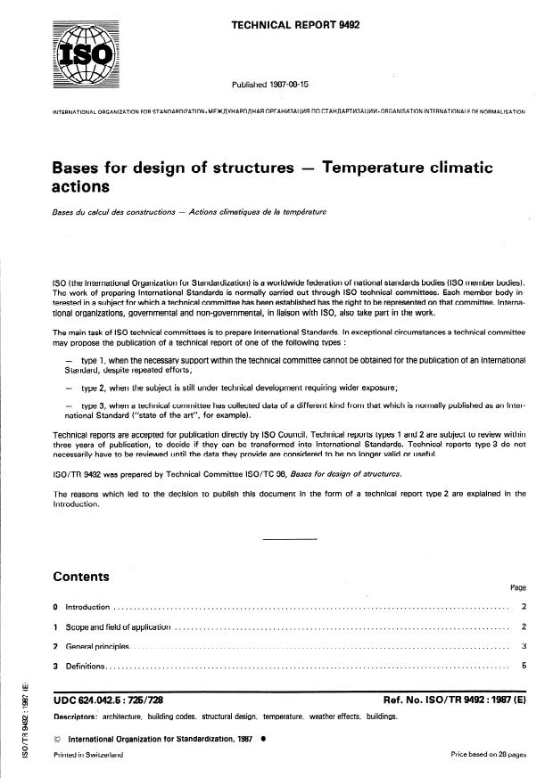 ISO/TR 9492:1987 - Bases for design of structures -- Temperature climatic actions
