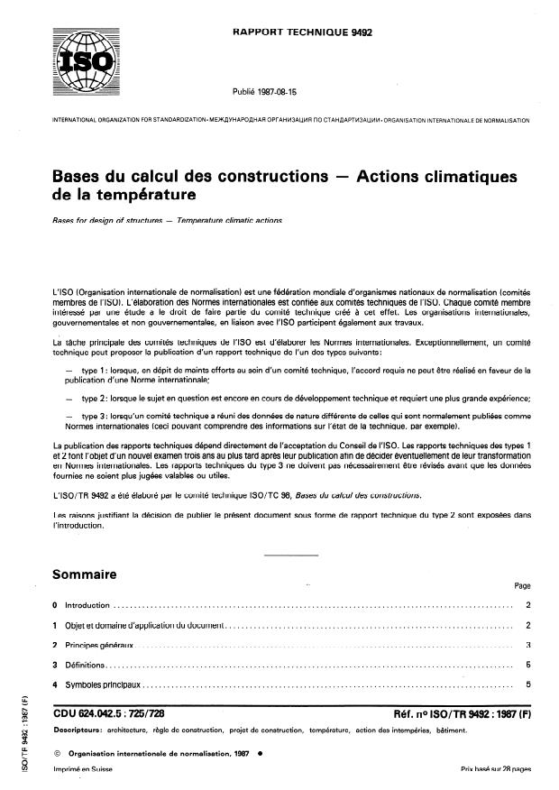 ISO/TR 9492:1987 - Bases du calcul des constructions -- Actions climatiques de la température