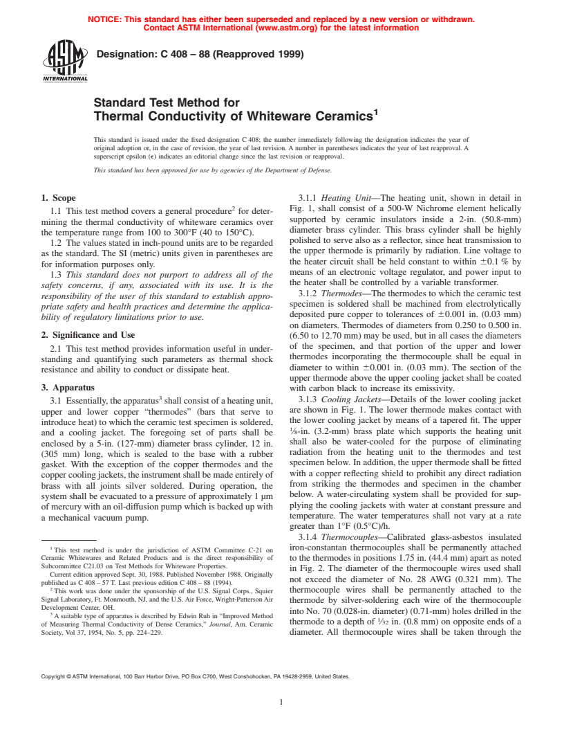 ASTM C408-88(1999) - Standard Test Method for Thermal Conductivity of Whiteware Ceramics