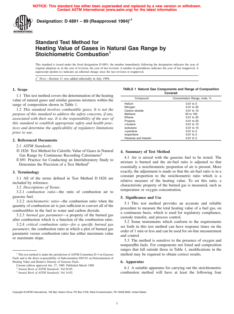 ASTM D4891-89(1994)e1 - Standard Test Method for Heating Value of Gases in Natural Gas Range by Stoichiometric Combustion