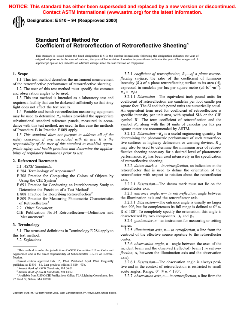 ASTM E810-94(2000) - Standard Test Method for Coefficient of Retroreflection of Retroreflective Sheeting Utilizing the Coplanar Geometry