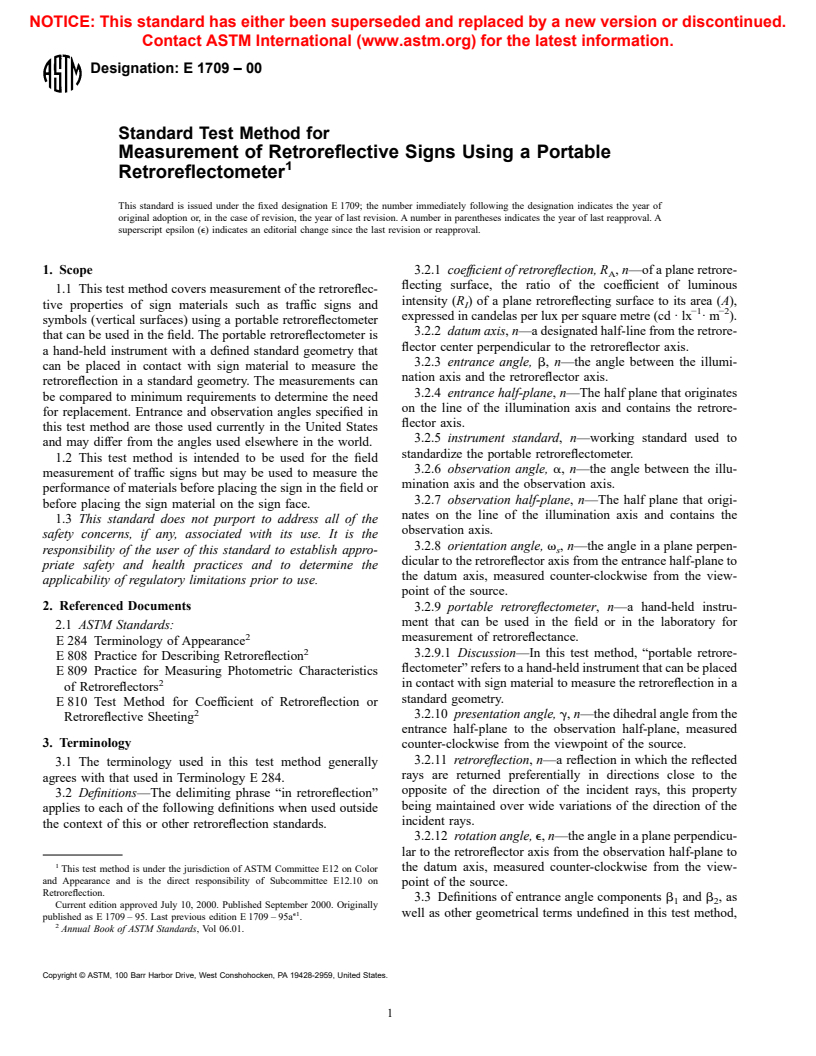 ASTM E1709-00 - Standard Test Method for Measurement of Retroreflective Signs Using a Portable Retroreflectometer