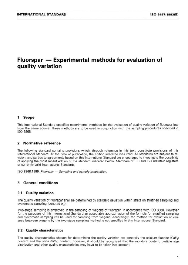 ISO 9497:1993 - Fluorspar -- Experimental methods for evaluation of quality variation