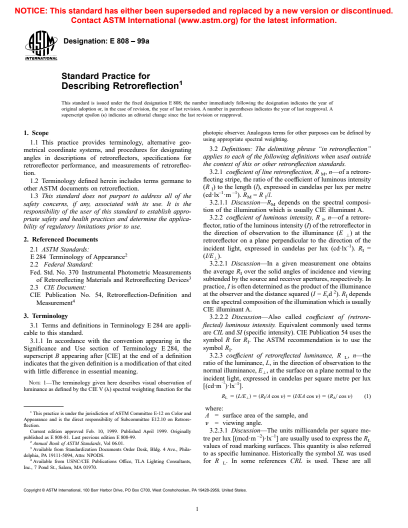 ASTM E808-99a - Standard Practice for Describing Retroreflection