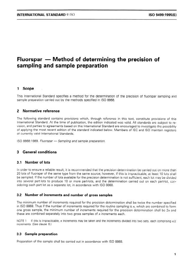ISO 9499:1995 - Fluorspar -- Method of determining the precision of sampling and sample preparation