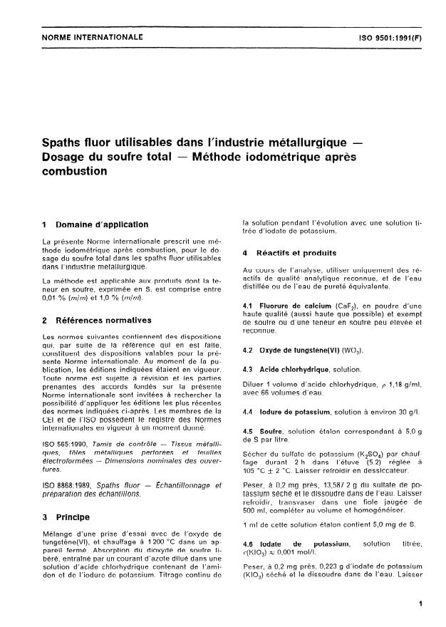 ISO 9501:1991 - Spaths fluor utilisables dans l'industrie métallurgique -- Dosage du soufre total -- Méthode iodométrique apres combustion