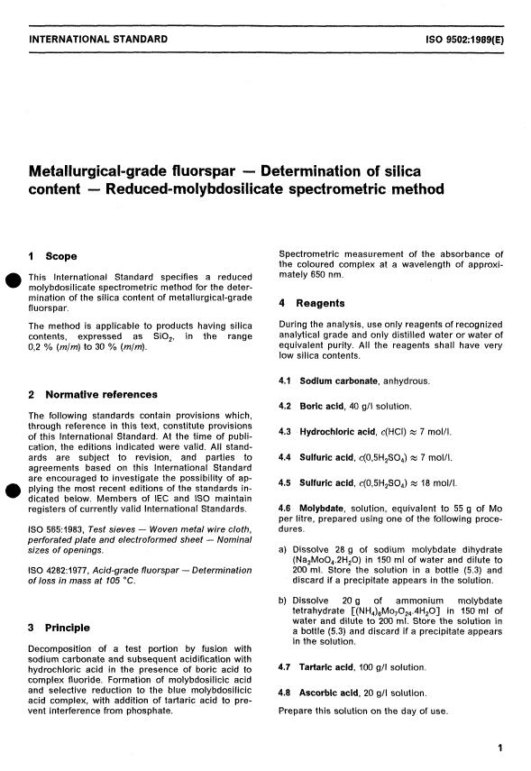 ISO 9502:1989 - Metallurgical-grade fluorspar -- Determination of silica content -- Reduced-molybdosilicate spectrometric method
