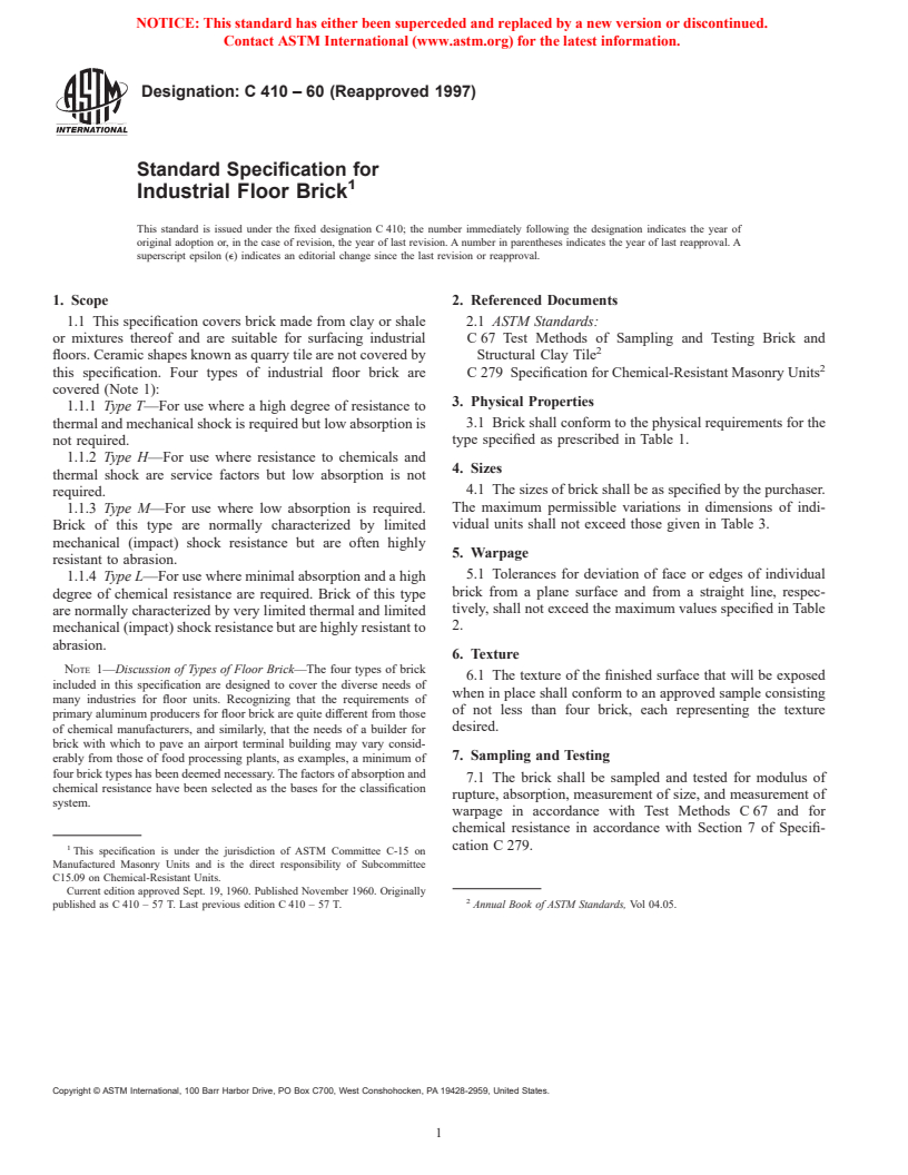 ASTM C410-60(1997) - Standard Specification for Industrial Floor Brick