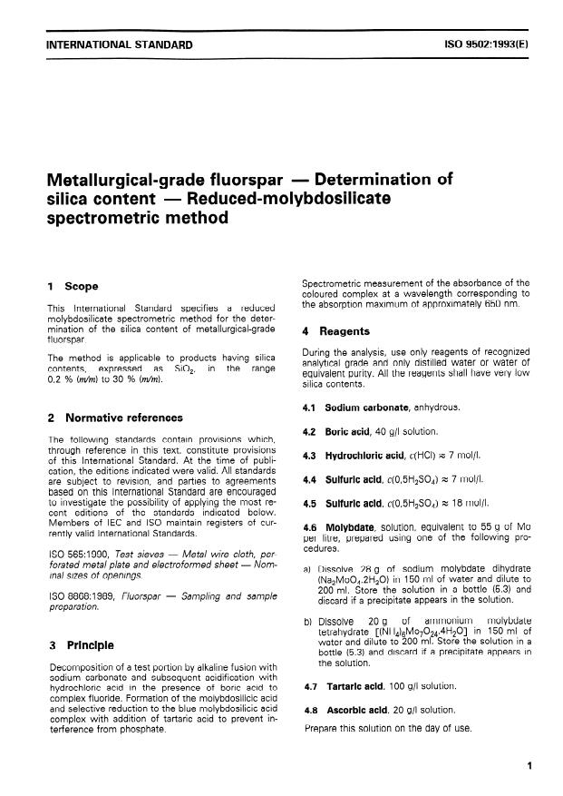 ISO 9502:1993 - Metallurgical-grade fluorspar -- Determination of silica content -- Reduced-molybdosilicate spectrometric method