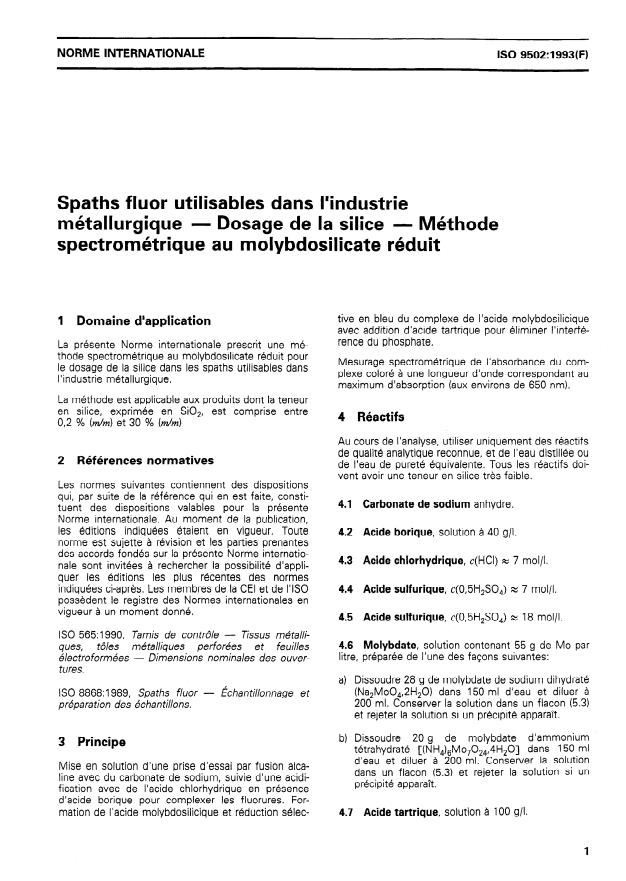 ISO 9502:1993 - Spaths fluor utilisables dans l'industrie métallurgique -- Dosage de la silice -- Méthode spectrométrique au molybdosilicate réduit